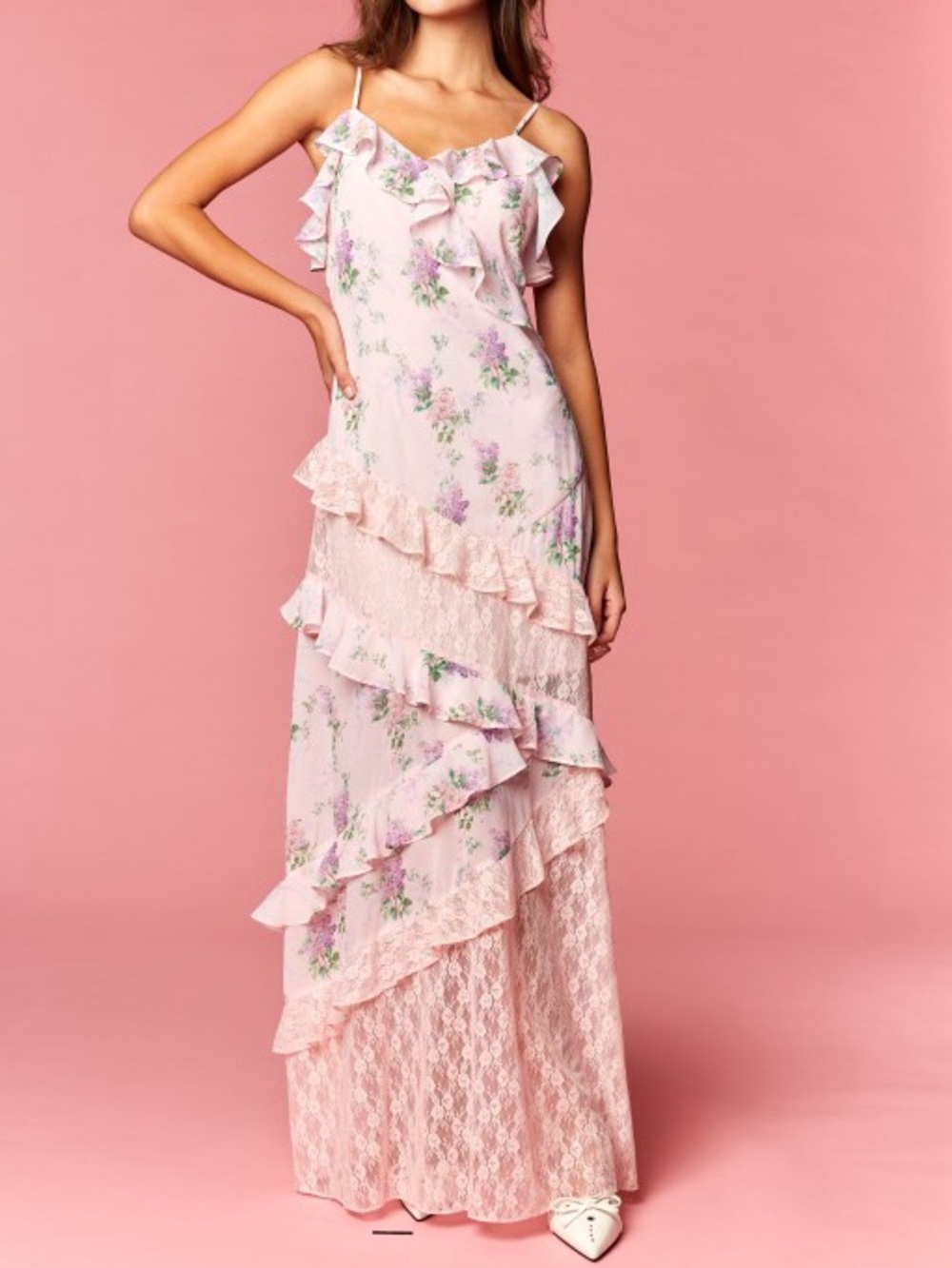 Women's Pink Floral Ruffle Maxi Dress